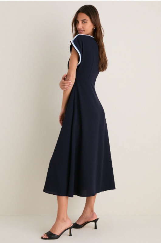 Tuckernuck Sandrine Crepe Maxi Dress Small Navy Contrast Trim Nwt Classic Chic